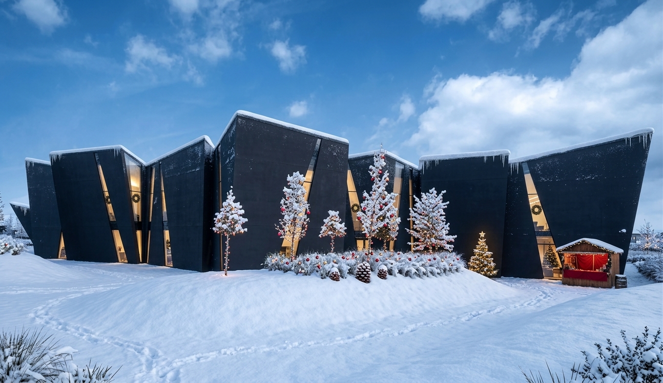 La Chroma House innevata, con alberi illuminati e decorazioni natalizie